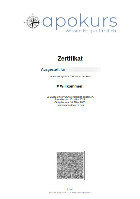 apokurs - Optionale Ausstellung eines Zertifikats